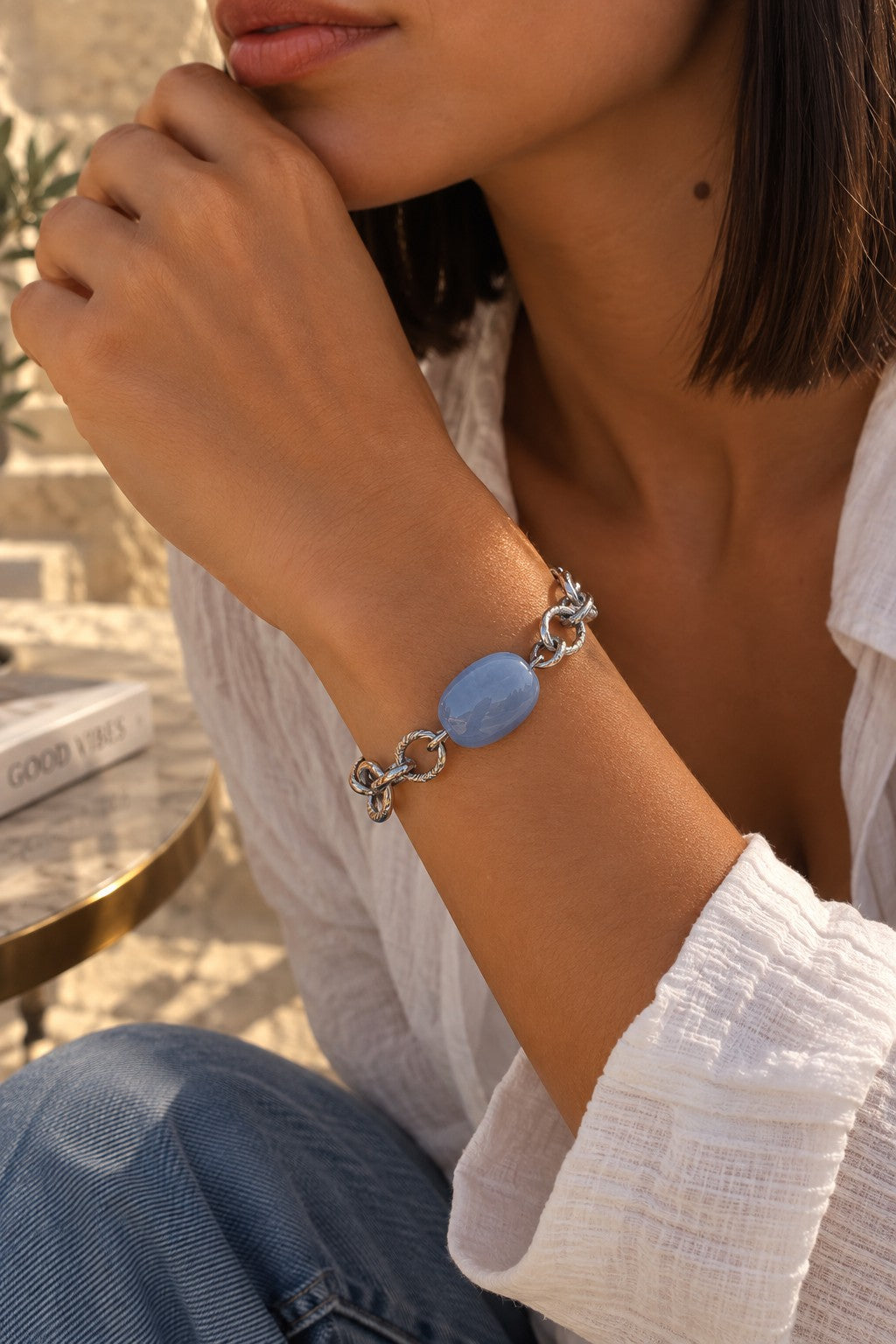 Bracelet FLORENCE argenté, pierre bleu clair