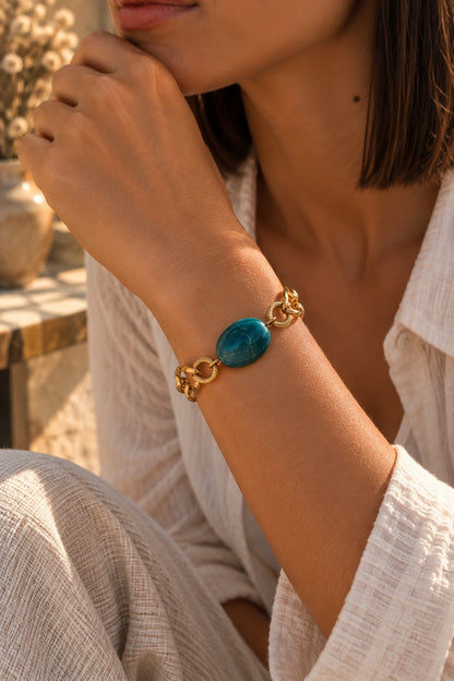 Bracelet FLORENCE doré, pierre bleu pétrole