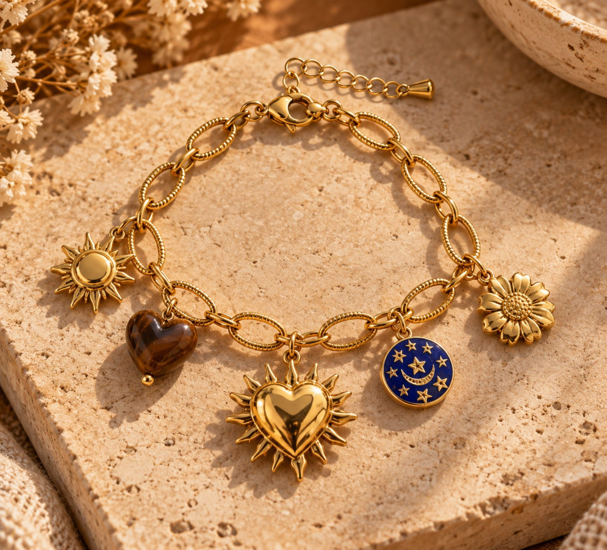 Bracelet MENTON doré avec soleil, cœurs, lune et fleur