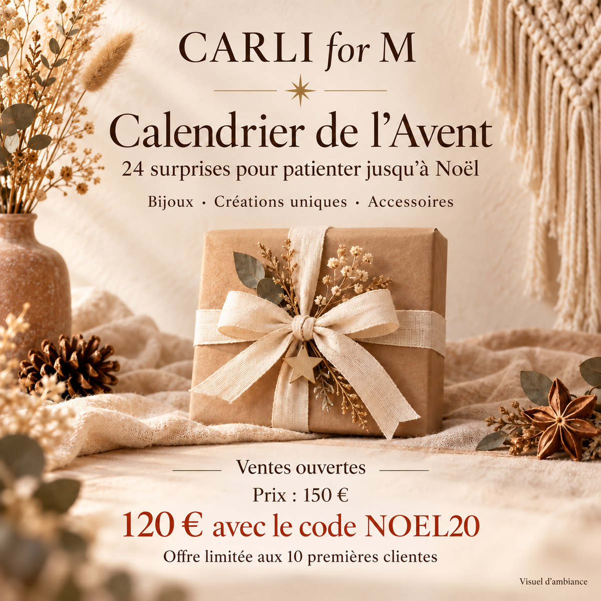 Calendrier de l’Avent CARLI for M — visuel d’ambiance bohème chic — 150 €, 120 € avec NOEL20 pour les dix premières utilisations