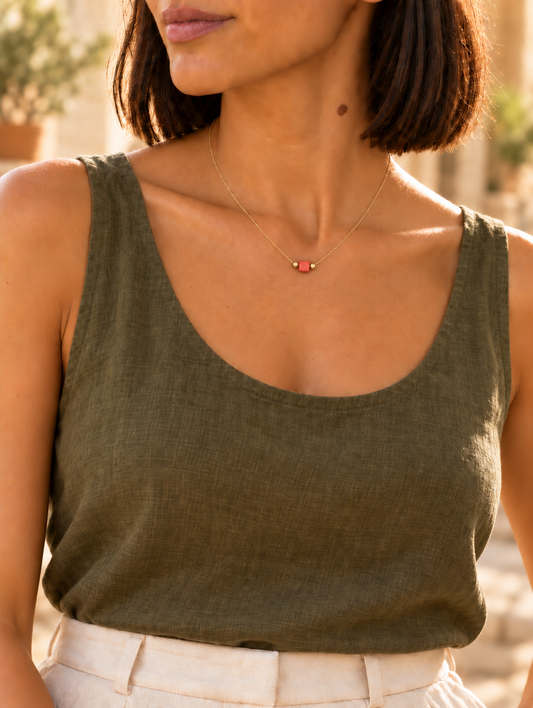 Collier TREVISO doré avec perle carrée rouge