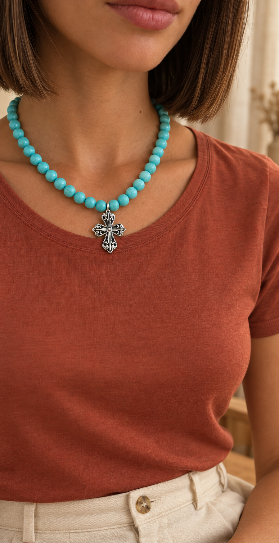Collier KATADORA à perles turquoise et croix argentée porté